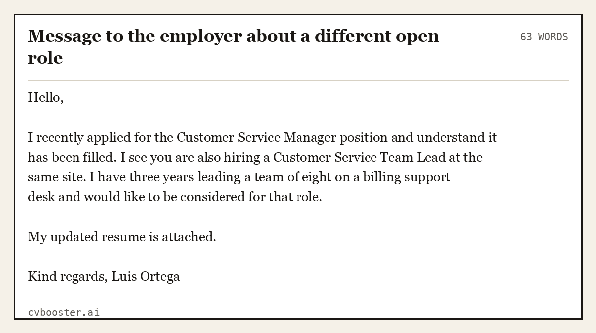 Message to the employer about a different open role, complete example, 63 words