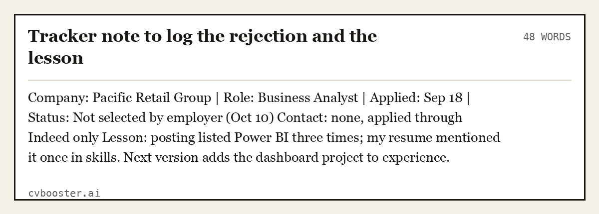 Complete Tracker note to log the rejection and the lesson example, 48 words, laid out as it would sit in the application form