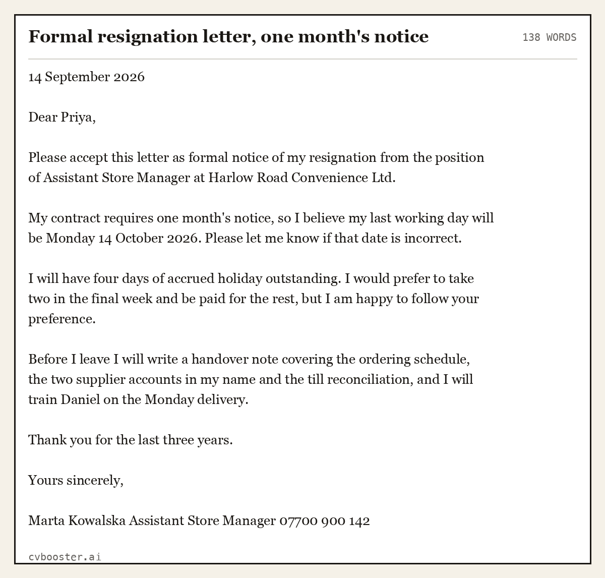 Complete Formal resignation letter, one month's notice example, 138 words, laid out as it would sit in the application form