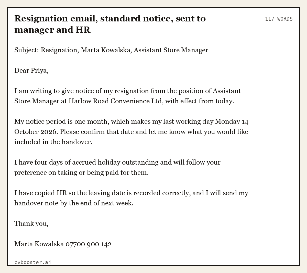 Complete Resignation email, standard notice, sent to manager and HR example, 117 words, laid out as it would sit in the application form