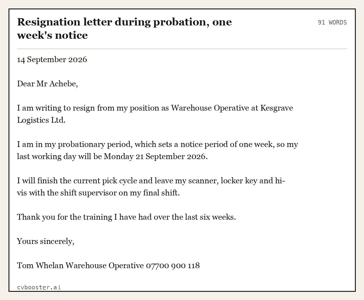 Complete Resignation letter during probation, one week's notice example, 91 words, laid out as it would sit in the application form