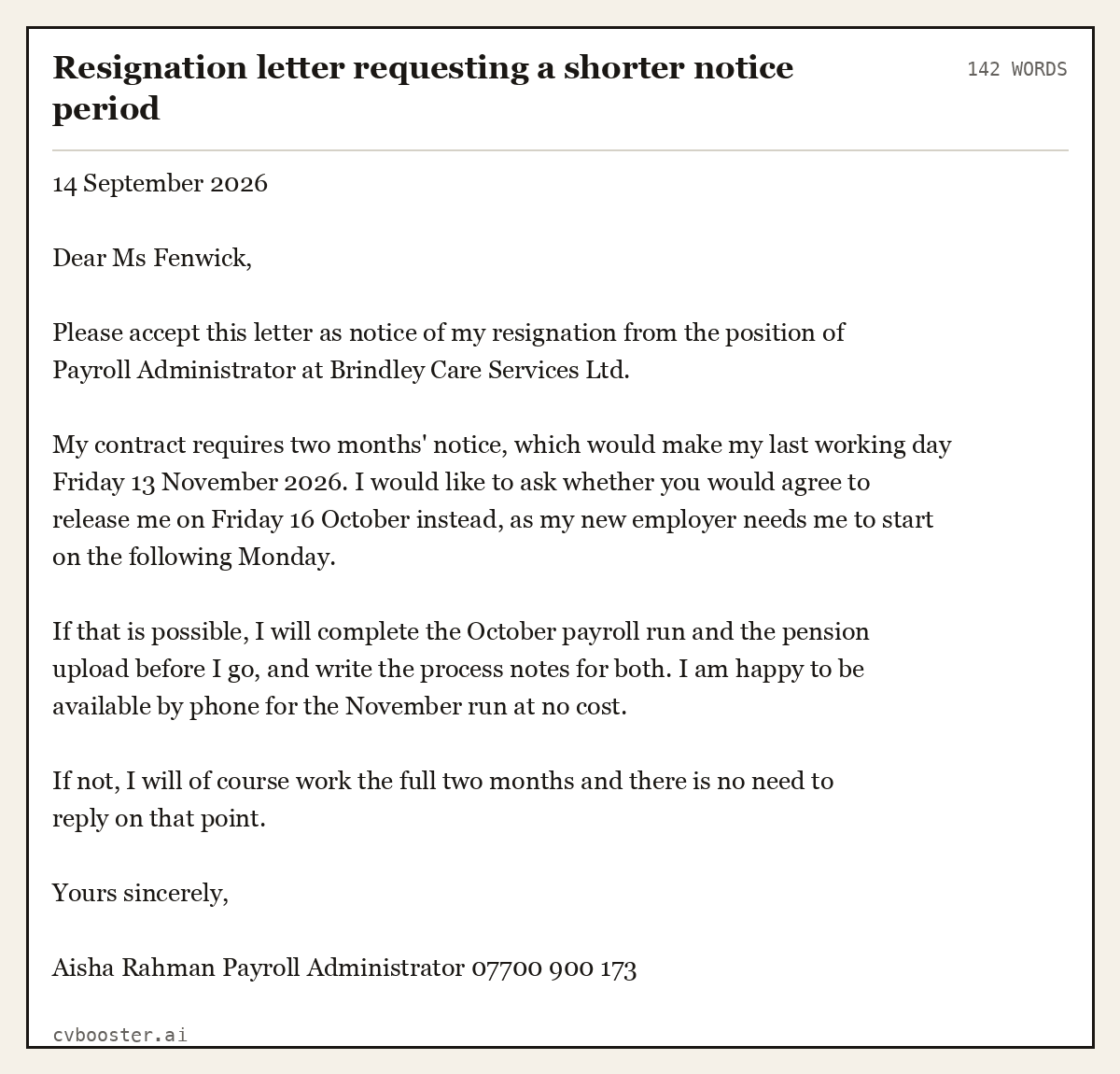 Complete Resignation letter requesting a shorter notice period example, 142 words, laid out as it would sit in the application form