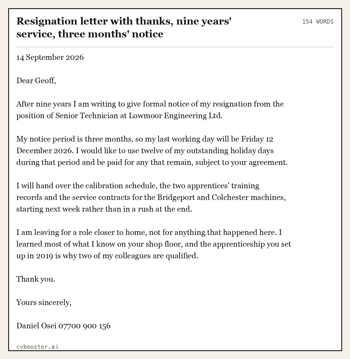 Complete Resignation letter with thanks, nine years' service, three months' notice example, 154 words, laid out as it would sit in the application form