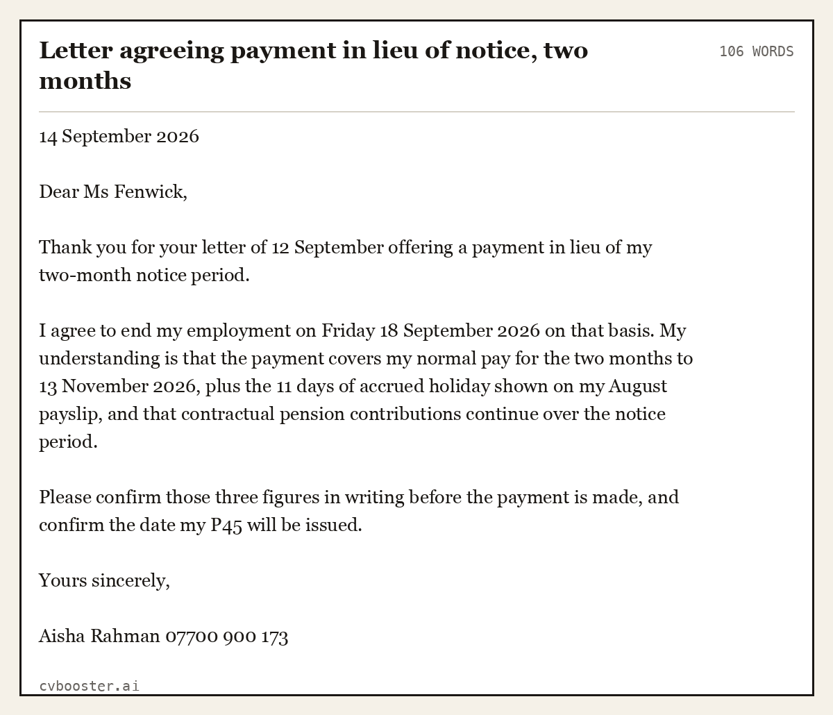 Complete Letter agreeing payment in lieu of notice, two months example, 106 words, laid out as it would sit in the application form