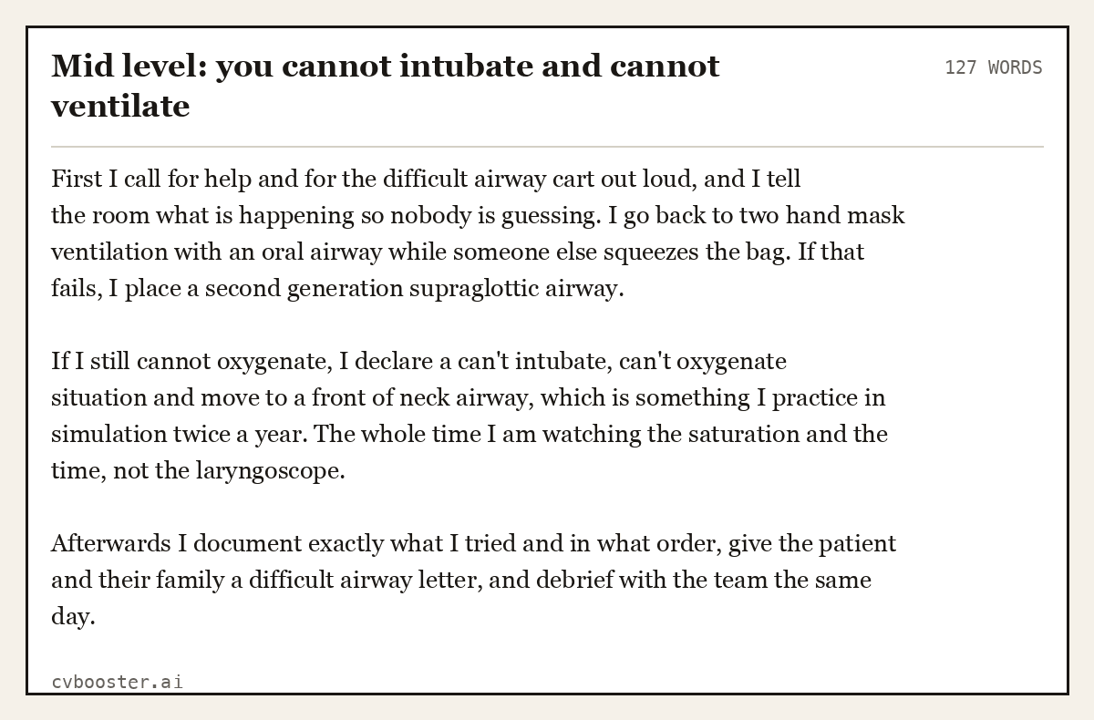 Complete Mid level: you cannot intubate and cannot ventilate example, 127 words, laid out as it would sit in the application form