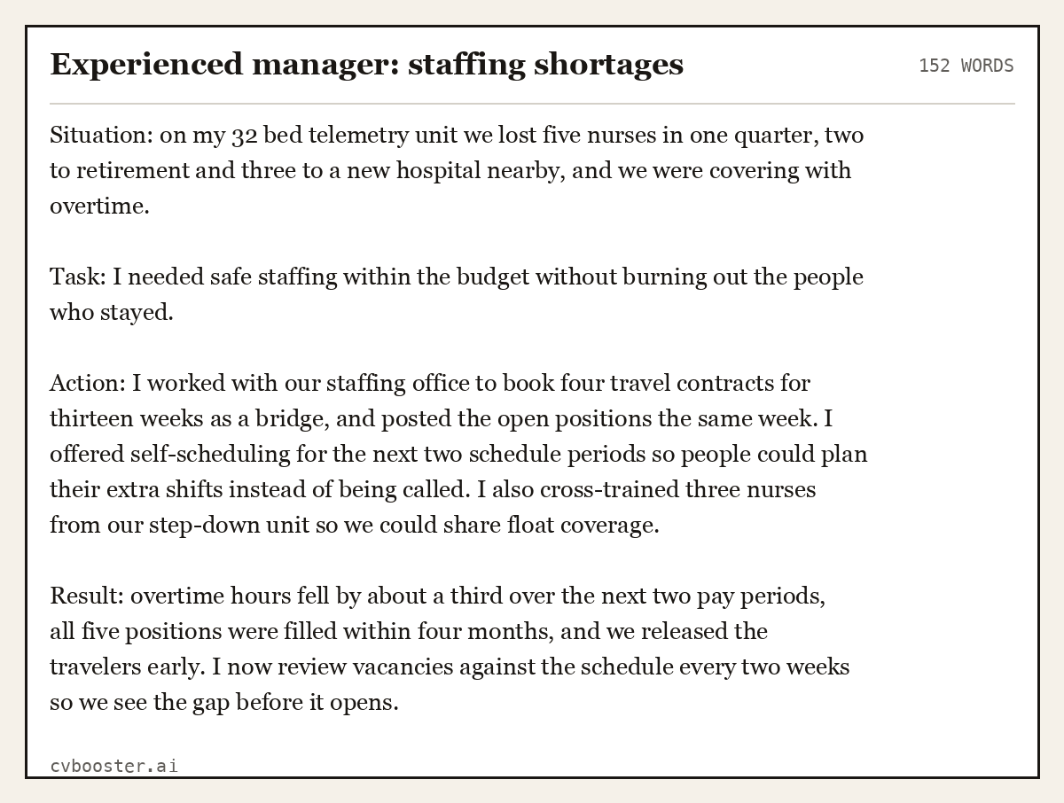 Complete Experienced manager: staffing shortages example, 152 words, laid out as it would sit in the application form