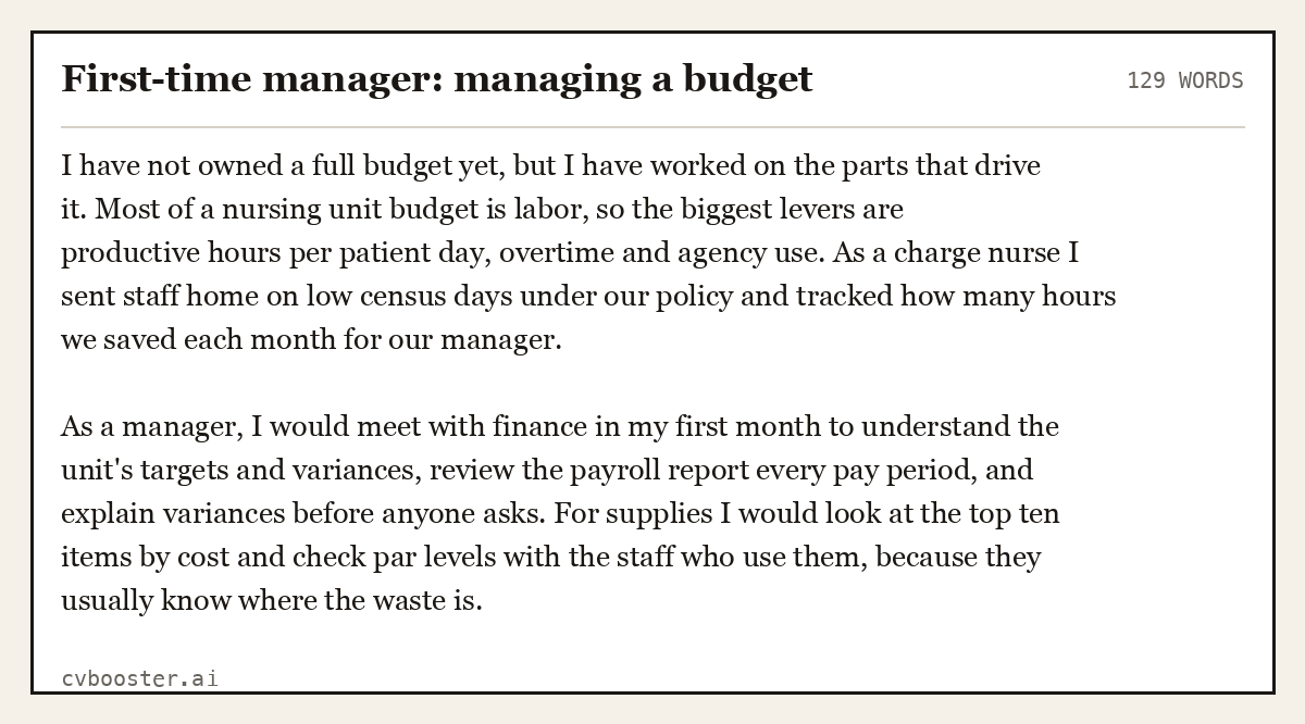Complete First-time manager: managing a budget example, 129 words, laid out as it would sit in the application form