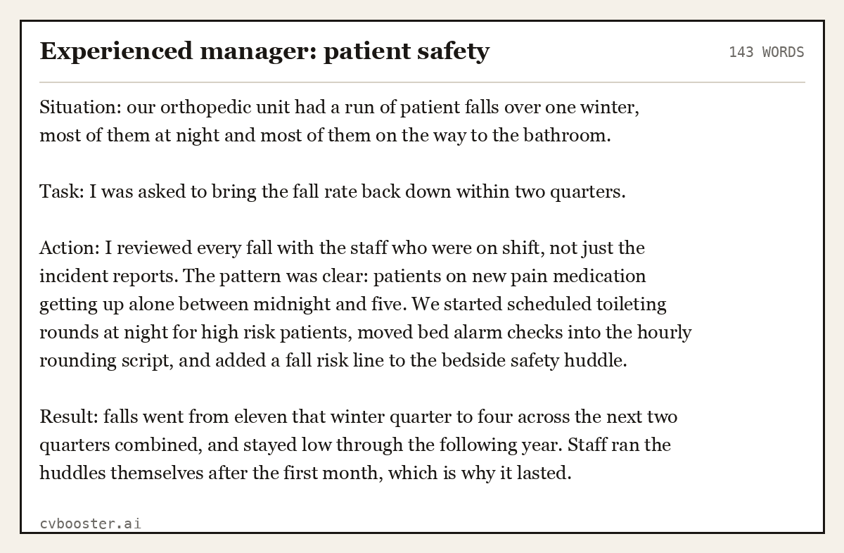 Complete Experienced manager: patient safety example, 143 words, laid out as it would sit in the application form