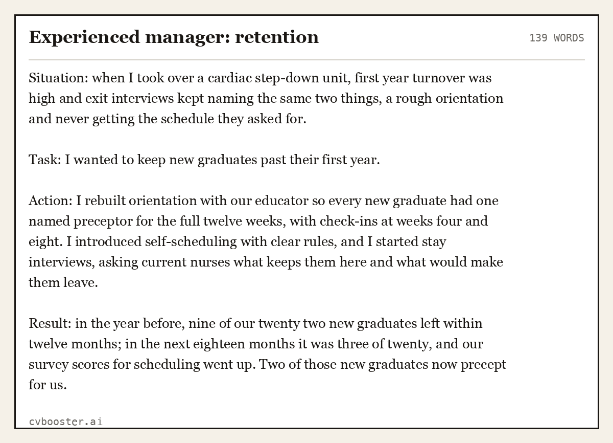 Complete Experienced manager: retention example, 139 words, laid out as it would sit in the application form