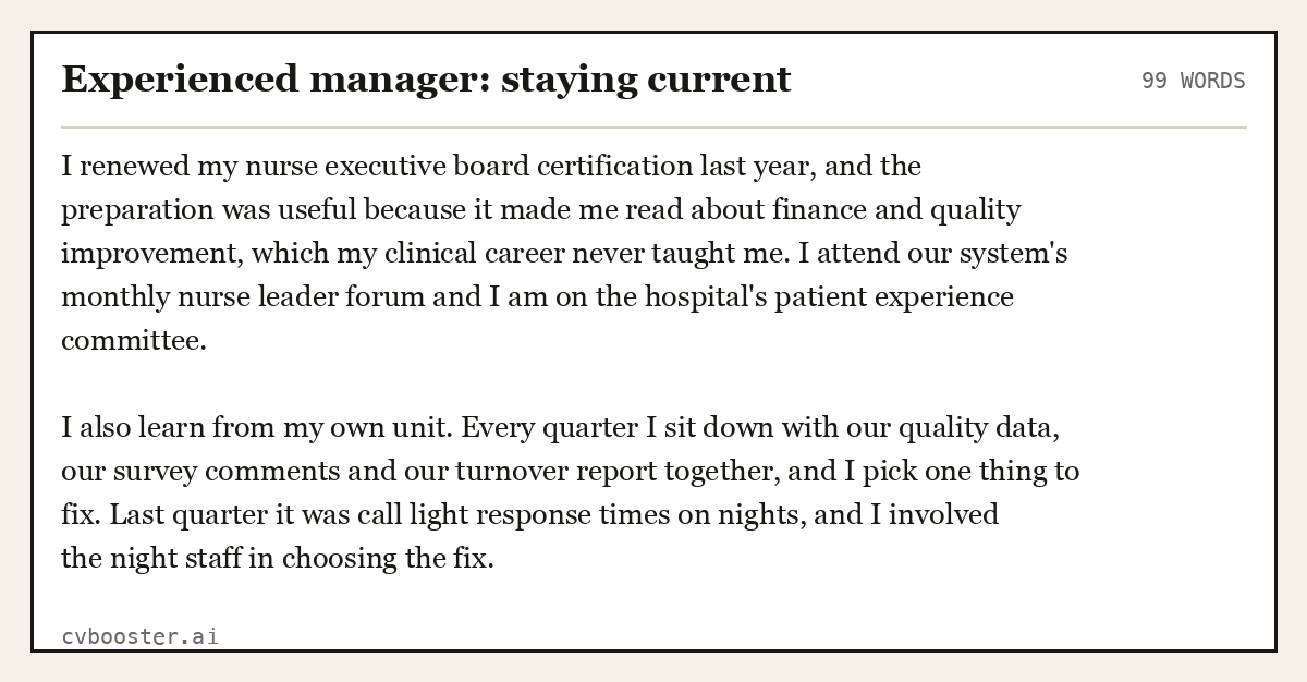 Complete Experienced manager: staying current example, 99 words, laid out as it would sit in the application form