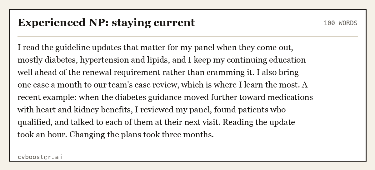 Complete Experienced NP: staying current example, 100 words, laid out as it would sit in the application form