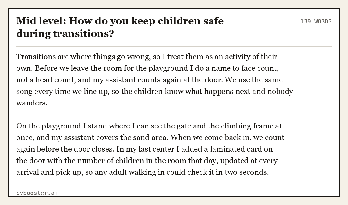 Complete Mid level: How do you keep children safe during transitions? example, 139 words, laid out as it would sit in the application form