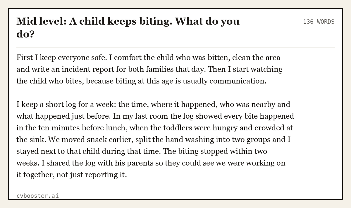 Complete Mid level: A child keeps biting. What do you do? example, 136 words, laid out as it would sit in the application form