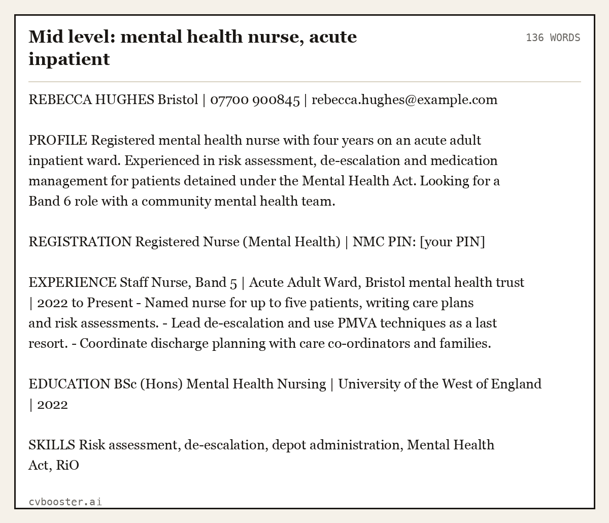 Complete Mid level: mental health nurse, acute inpatient example, 136 words, laid out as it would sit in the application form