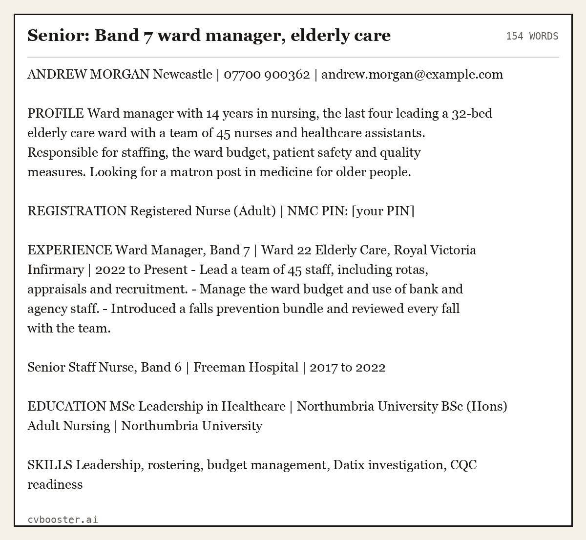 Complete Senior: Band 7 ward manager, elderly care example, 154 words, laid out as it would sit in the application form