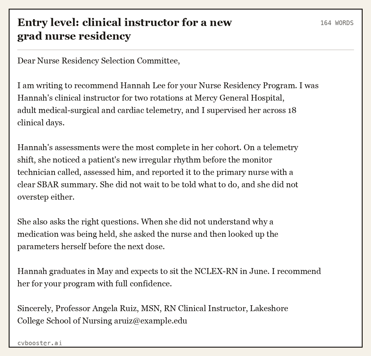 Complete Entry level: clinical instructor for a new grad nurse residency example, 164 words, laid out as it would sit in the application form