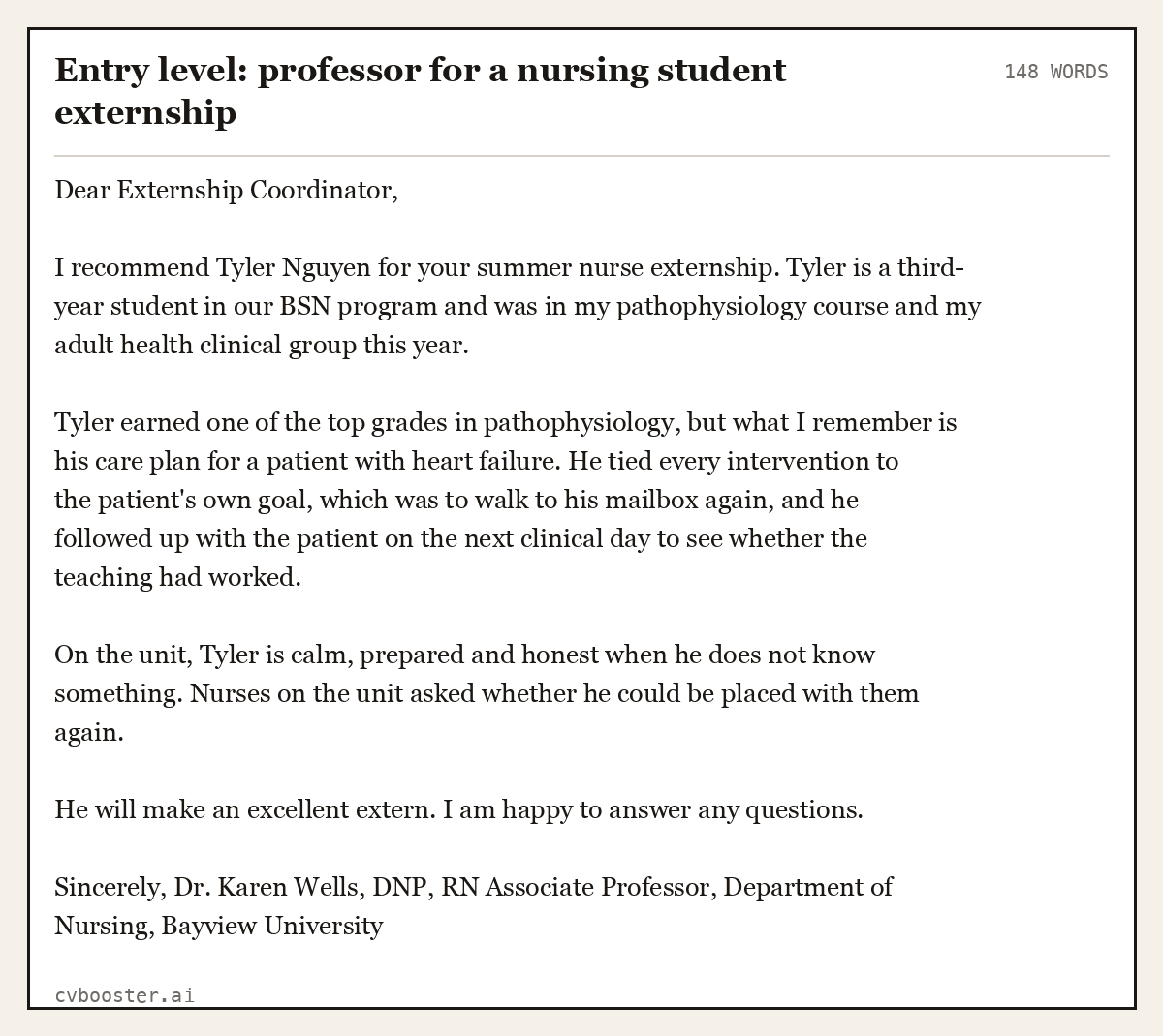 Complete Entry level: professor for a nursing student externship example, 148 words, laid out as it would sit in the application form