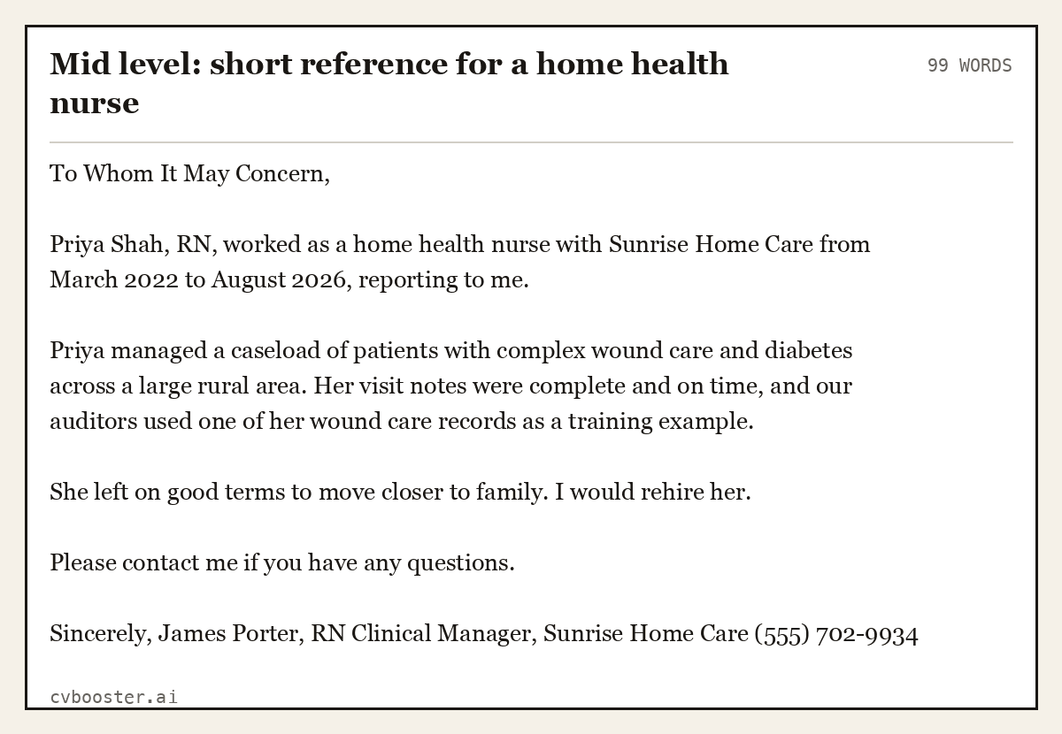 Complete Mid level: short reference for a home health nurse example, 99 words, laid out as it would sit in the application form