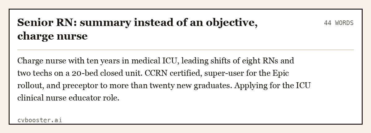 Complete Senior RN: summary instead of an objective, charge nurse example, 44 words, laid out as it would sit in the application form