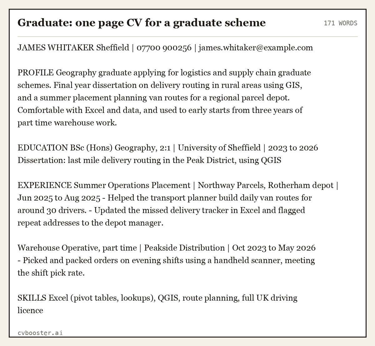 Complete Graduate: one page CV for a graduate scheme example, 171 words, laid out as it would sit in the application form