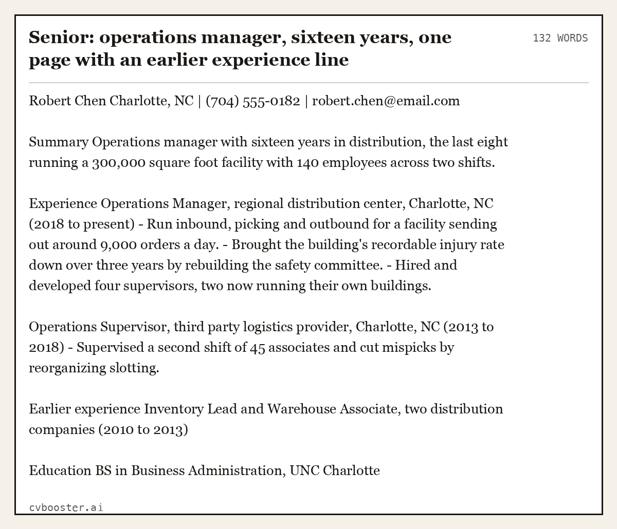 Complete Senior: operations manager, sixteen years, one page with an earlier experience line example, 132 words, laid out as it would sit in the application form