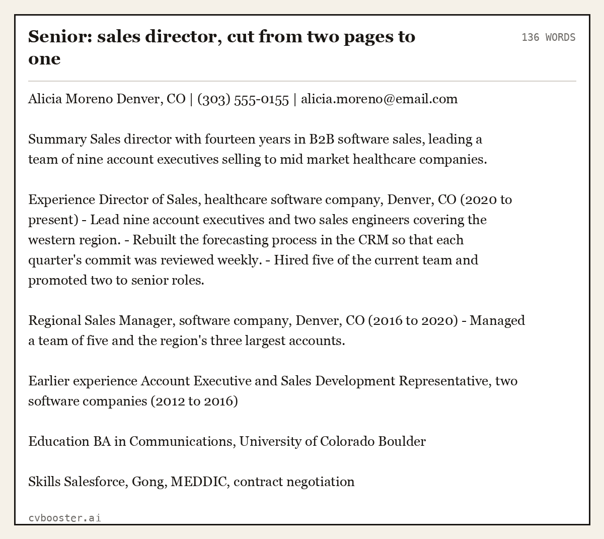 Complete Senior: sales director, cut from two pages to one example, 136 words, laid out as it would sit in the application form