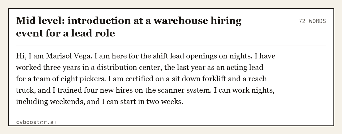 Complete Mid level: introduction at a warehouse hiring event for a lead role example, 72 words, laid out as it would sit in the application form