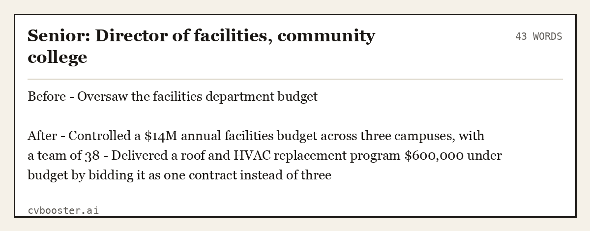 Senior: Director of facilities, community college, complete example, 43 words