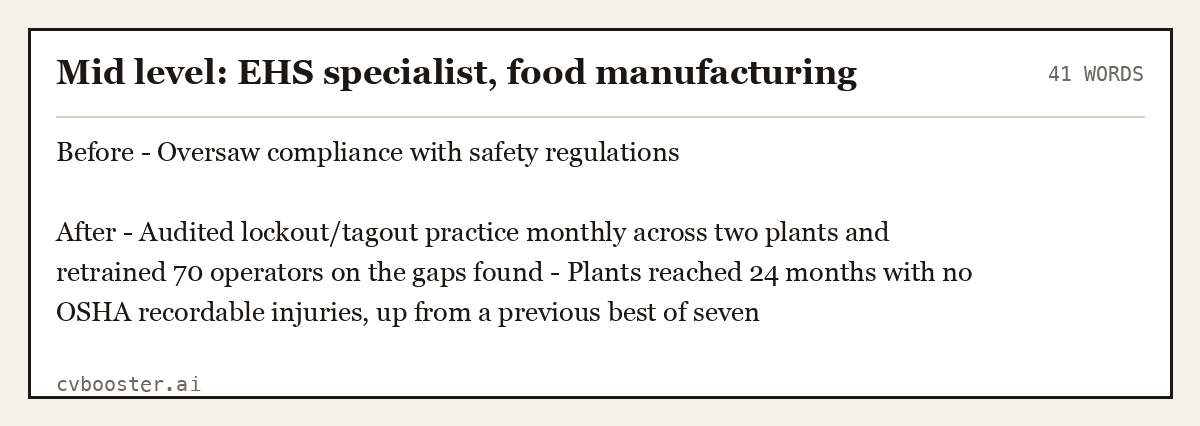 Complete Mid level: EHS specialist, food manufacturing example, 41 words, laid out as it would sit in the application form