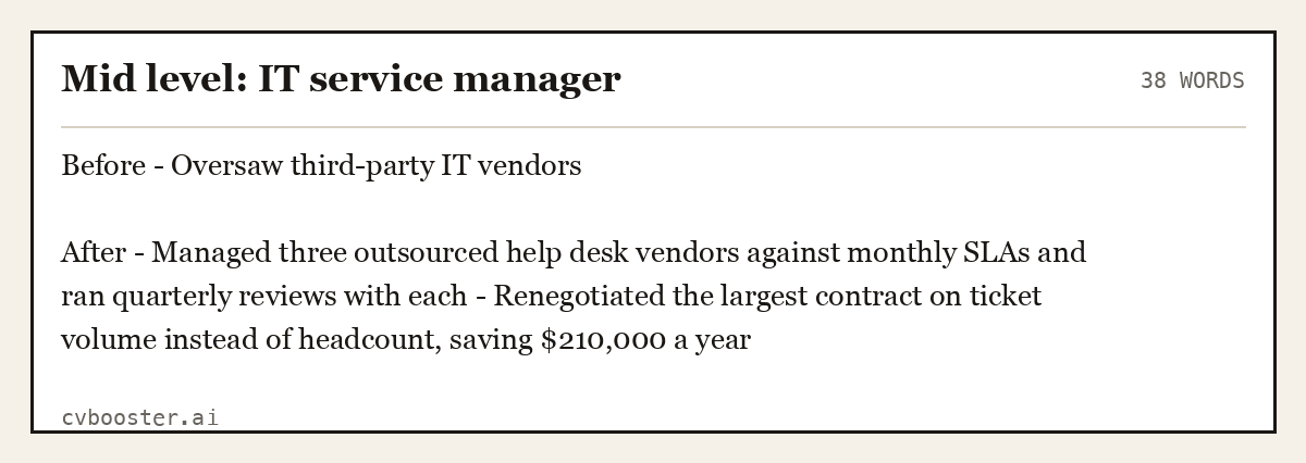 Complete Mid level: IT service manager example, 38 words, laid out as it would sit in the application form