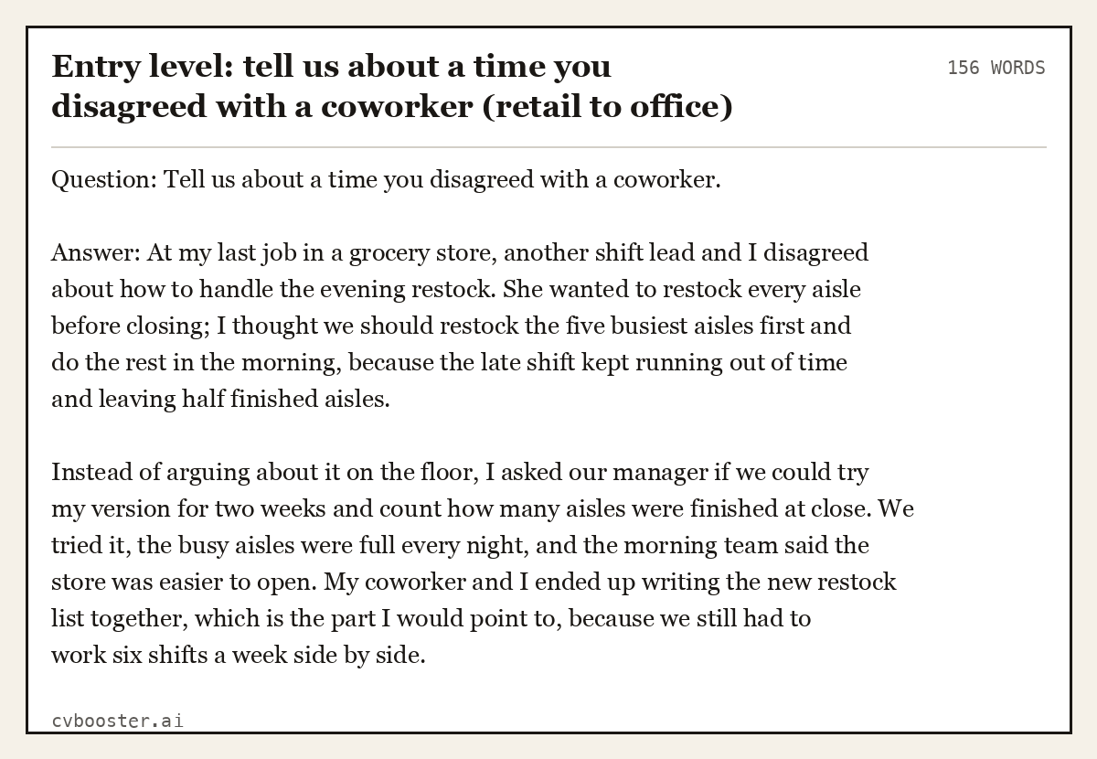 Complete Entry level: tell us about a time you disagreed with a coworker (retail to office) example, 156 words, laid out as it would sit in the application form