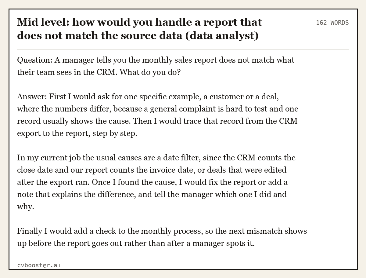 Complete Mid level: how would you handle a report that does not match the source data (data analyst) example, 162 words, laid out as it would sit in the application form