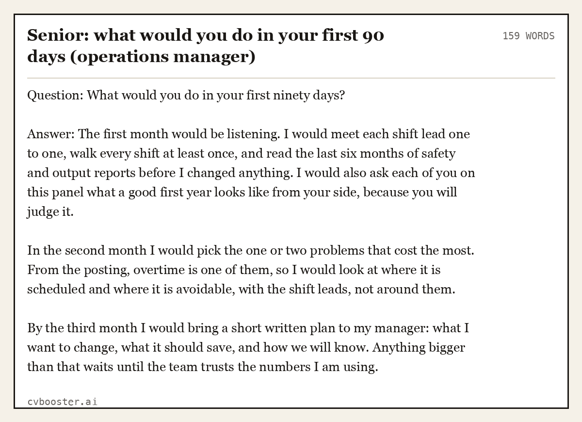 Complete Senior: what would you do in your first 90 days (operations manager) example, 159 words, laid out as it would sit in the application form
