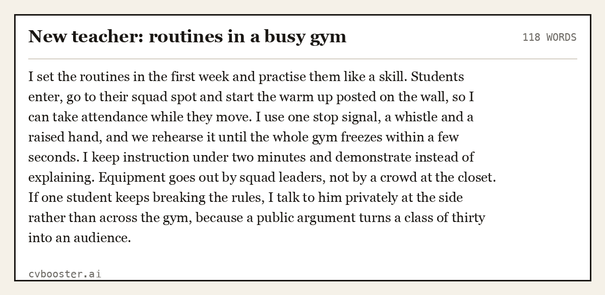 Complete New teacher: routines in a busy gym example, 118 words, laid out as it would sit in the application form