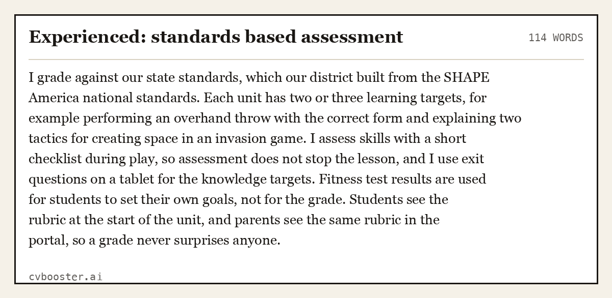 Complete Experienced: standards based assessment example, 114 words, laid out as it would sit in the application form