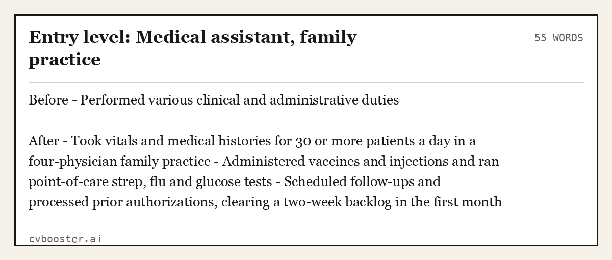 Complete Entry level: Medical assistant, family practice example, 55 words, laid out as it would sit in the application form