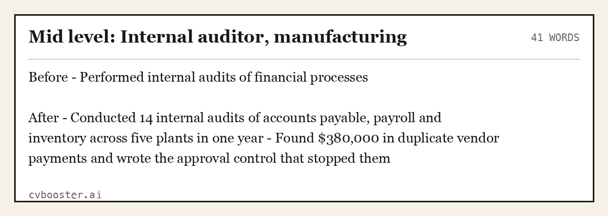 Complete Mid level: Internal auditor, manufacturing example, 41 words, laid out as it would sit in the application form