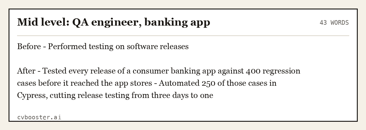 Complete Mid level: QA engineer, banking app example, 43 words, laid out as it would sit in the application form