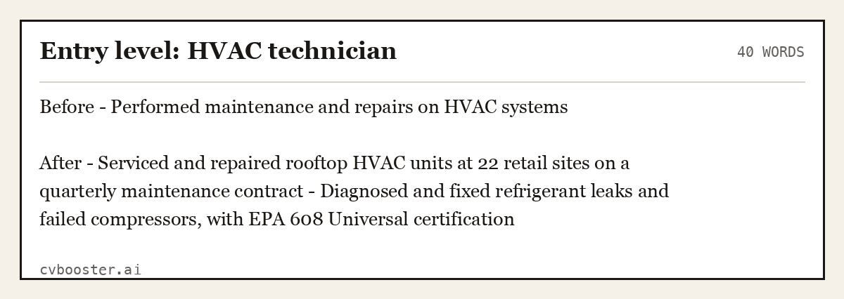 Complete Entry level: HVAC technician example, 40 words, laid out as it would sit in the application form
