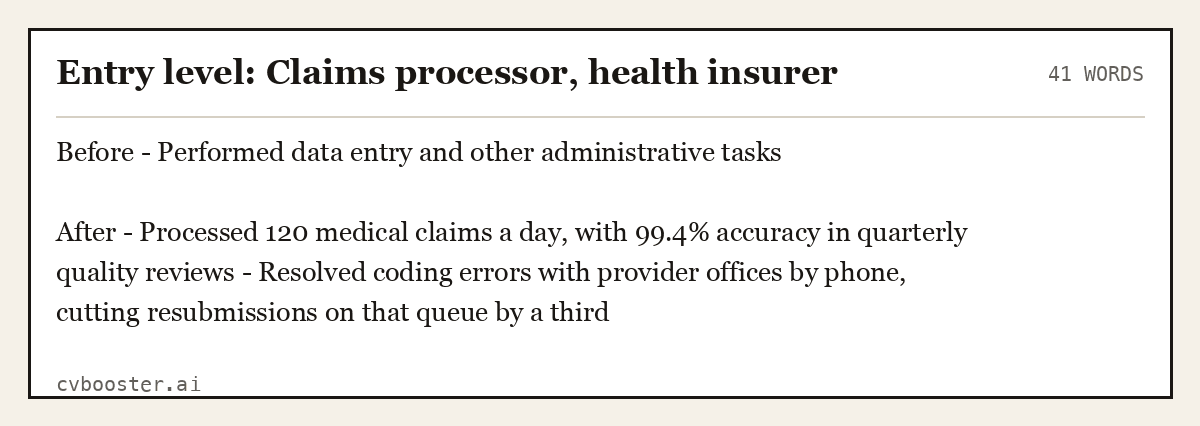 Complete Entry level: Claims processor, health insurer example, 41 words, laid out as it would sit in the application form