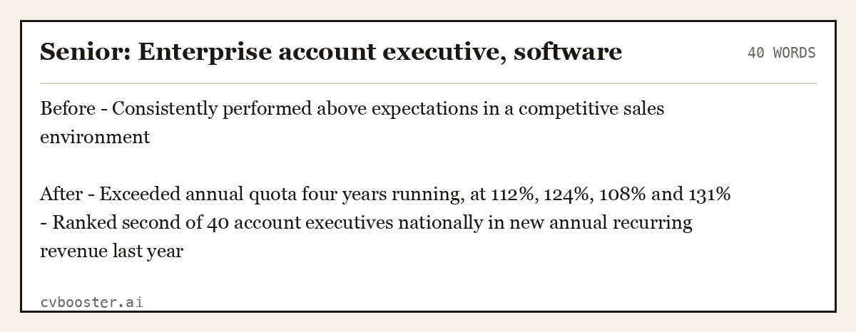 Complete Senior: Enterprise account executive, software example, 40 words, laid out as it would sit in the application form