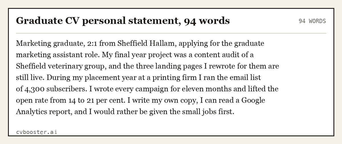 Complete Graduate CV personal statement example, 94 words, laid out as it would sit in the application form