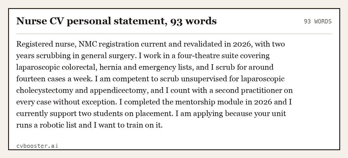 Complete Nurse CV personal statement example, 93 words, laid out as it would sit in the application form