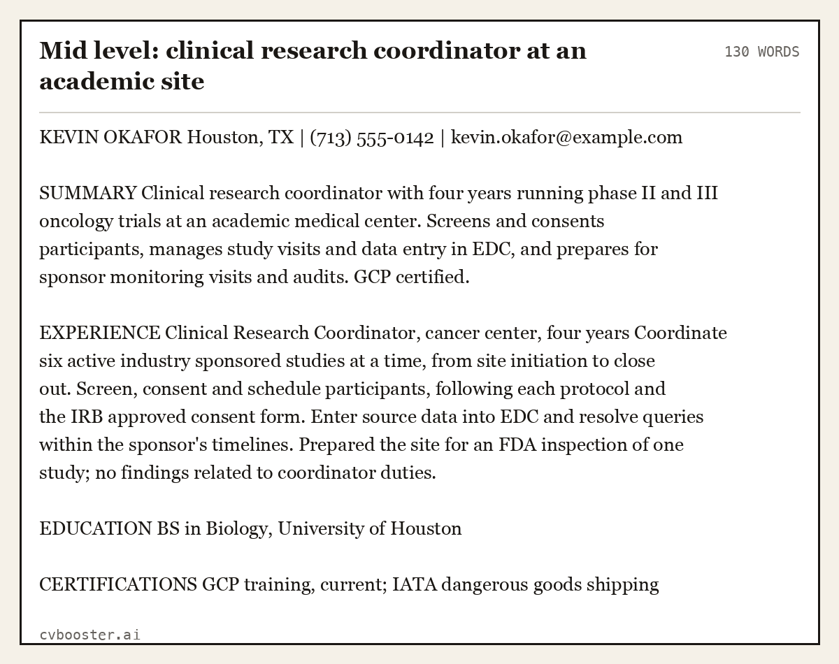 Complete Mid level: clinical research coordinator at an academic site example, 130 words, laid out as it would sit in the application form