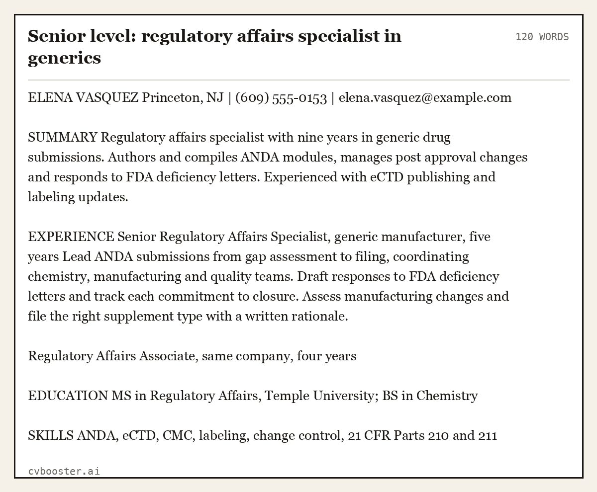 Complete Senior level: regulatory affairs specialist in generics example, 120 words, laid out as it would sit in the application form