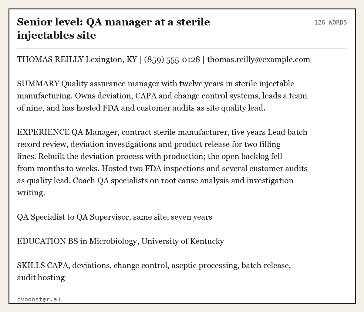 Complete Senior level: QA manager at a sterile injectables site example, 126 words, laid out as it would sit in the application form