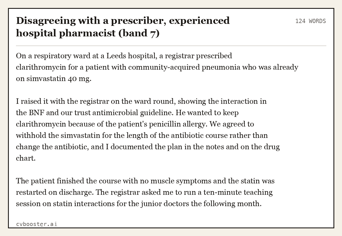 Complete Disagreeing with a prescriber, experienced hospital pharmacist (band 7) example, 124 words, laid out as it would sit in the application form