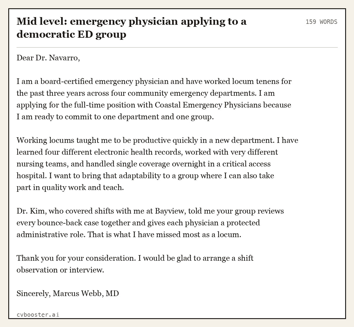 Complete Mid level: emergency physician applying to a democratic ED group example, 159 words, laid out as it would sit in the application form