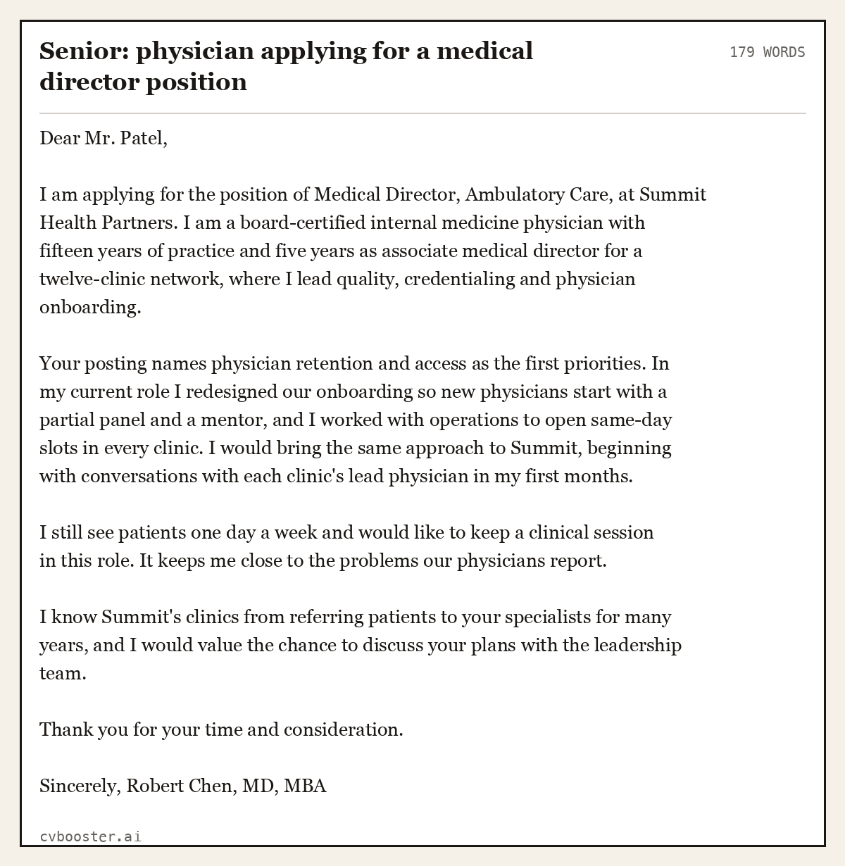 Complete Senior: physician applying for a medical director position example, 179 words, laid out as it would sit in the application form
