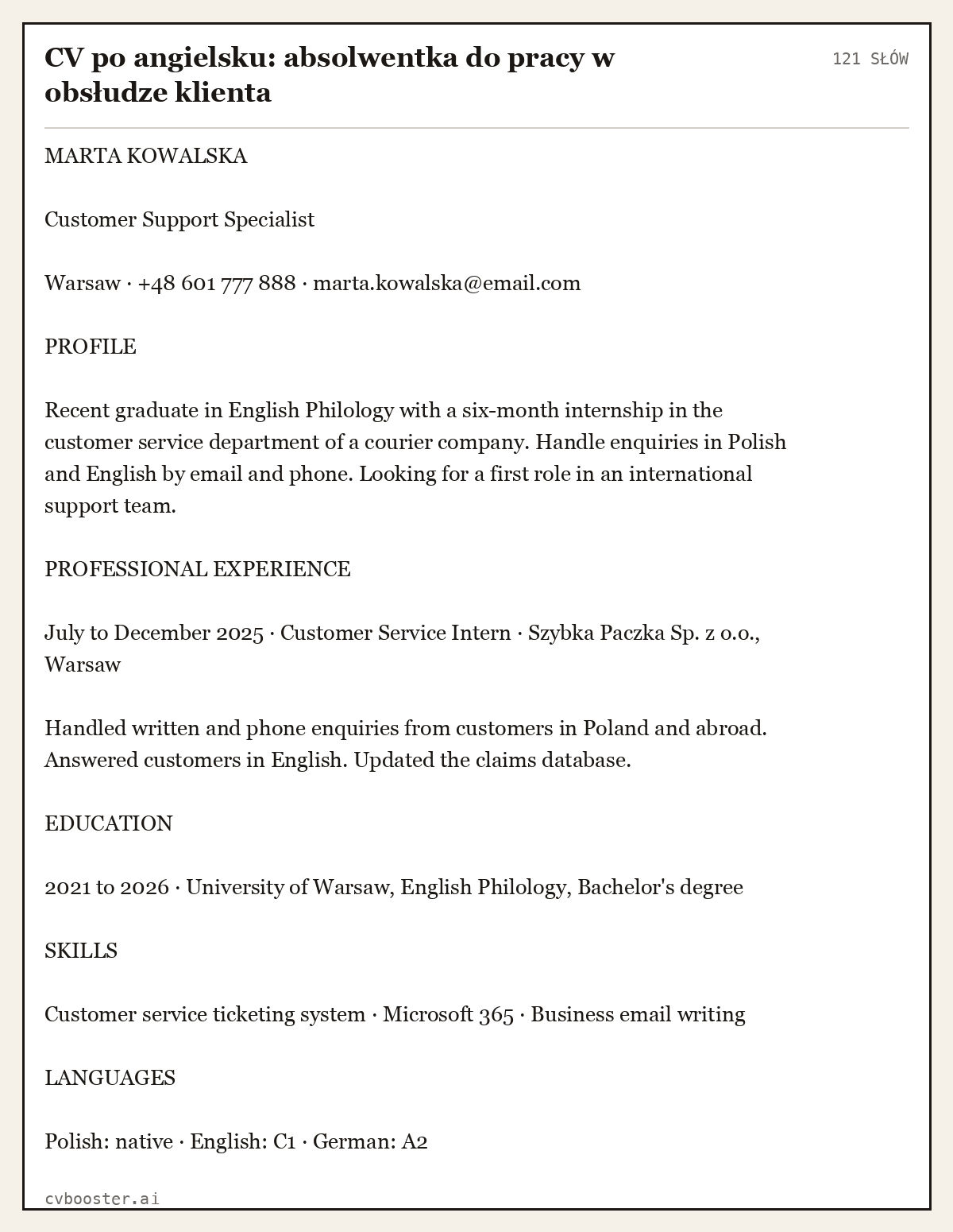 Gotowy przykład: CV po angielsku: absolwentka do pracy w obsłudze klienta, 121 słów